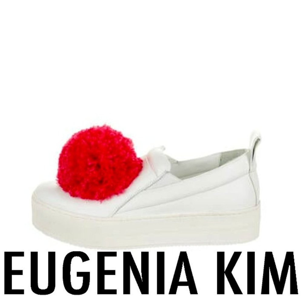 EUGENIA KIM WHITE LEATHER 'Chris' Slip-on RED Pom-Pom Platform Sneakers Size 38!
